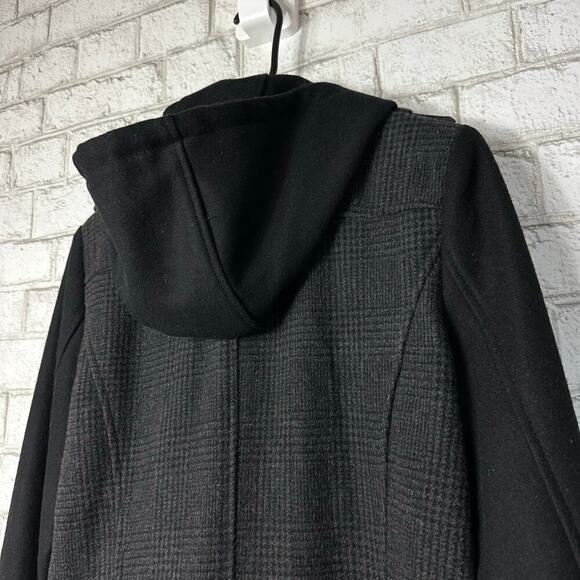Michael Kors Coat Wool Plaid Asymmetrical Zip Hooded Neutral Preppy Black Gray 4 - Picture 9 of 11